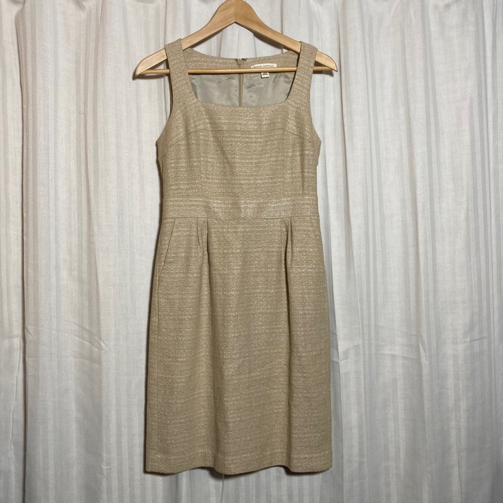 Banana Republic Beige Textured Cotton Sheath Dress 4P Metallic Sleeveless Gold